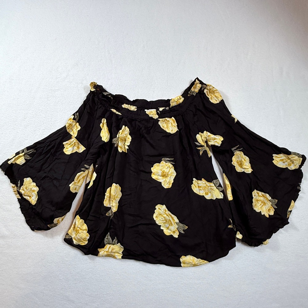 NEW Maurices Floral Off Shoulder Top Womens Large Black Yellow Bell Sleeve Fairy